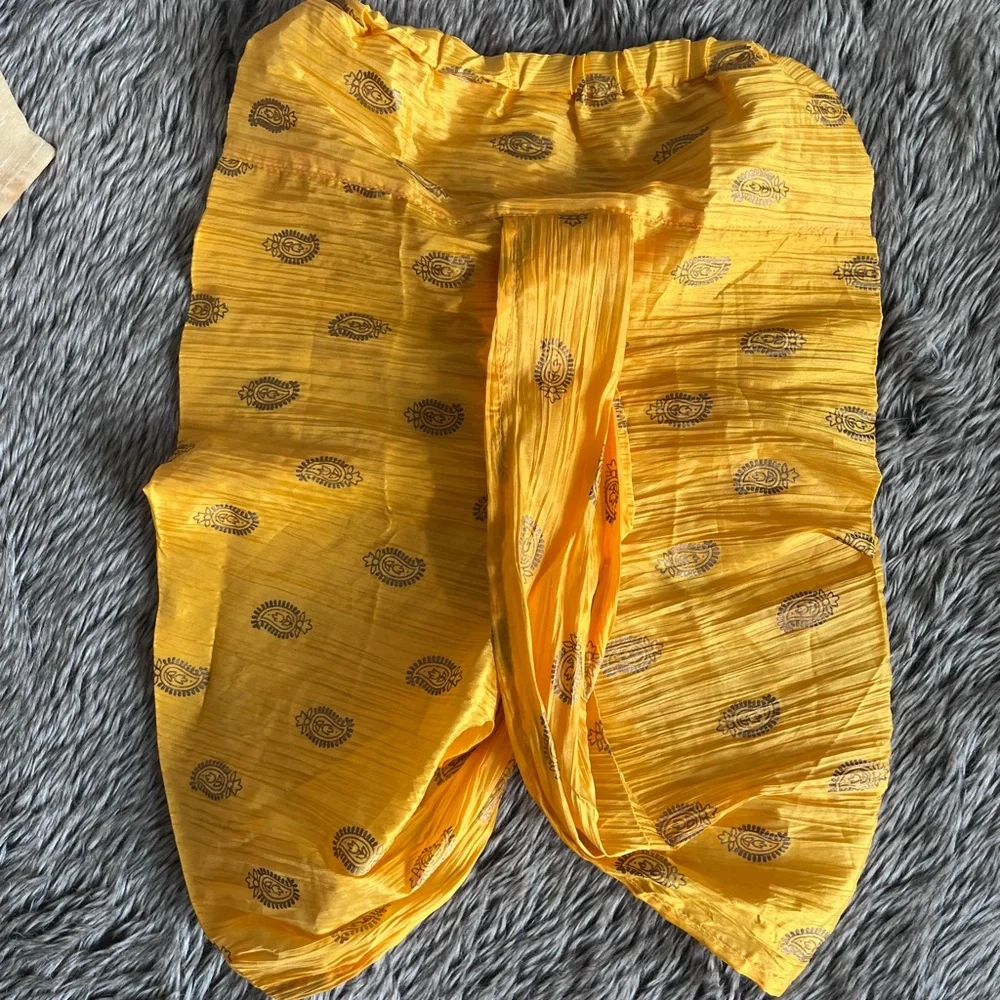 Ethnic silk Yellow Cream Matching Indian Dhoti Set Jerdosi pearl embroidery